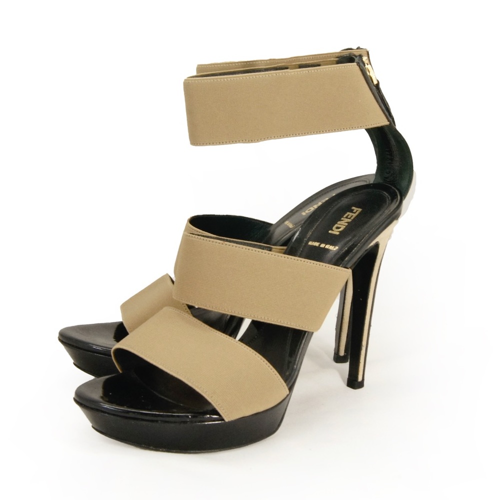 Fendi Vernice Black Beige Elastic Strap Platform Black Patent Leather Heels